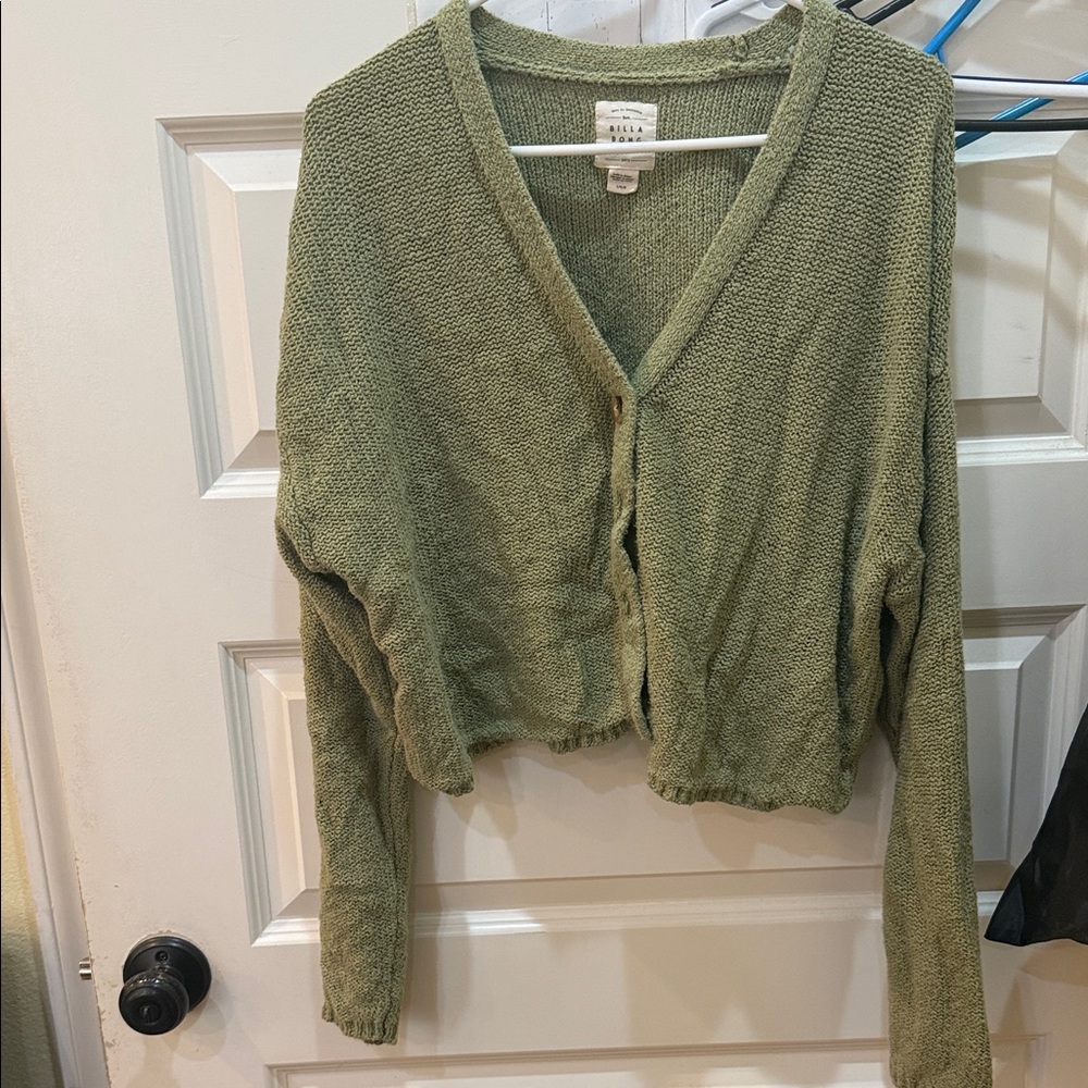 Billabong Olive Cropped V-Neck Button-Up Cardigan